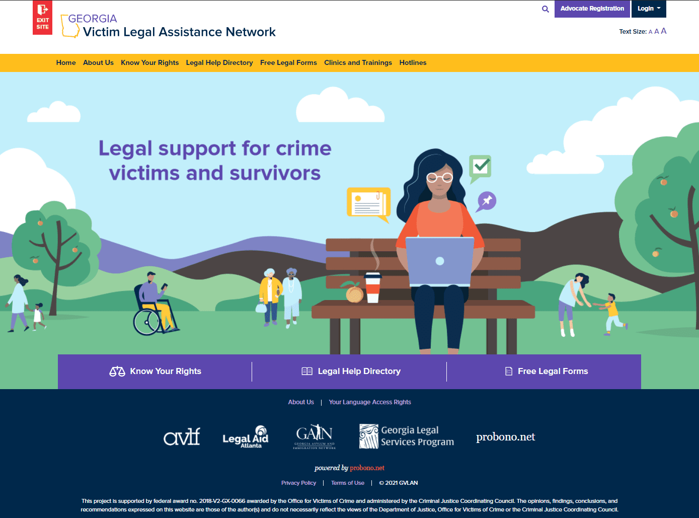 A screen shot of the home page for the hidden legal assistance network.